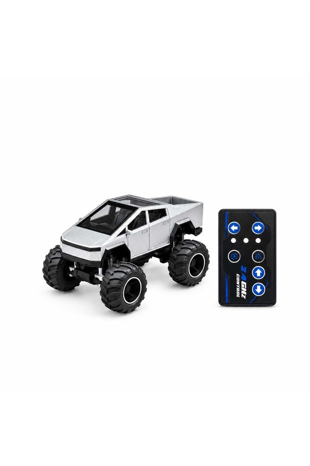 1:64 Scale Mini RC Monster Truck Toy, 2.4GHz Remote Control Off Road Pickup Racing Car with Big Wheels, Silver Futuristic Mini Rally Truck with Transparent Storage Case for Kids Ages 6+