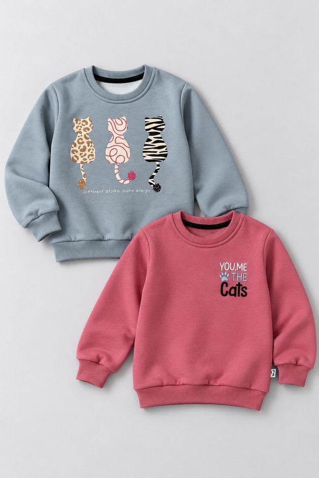 Girls' 2-Pack Winter Sweatshirt with Cat Print and Embroidery