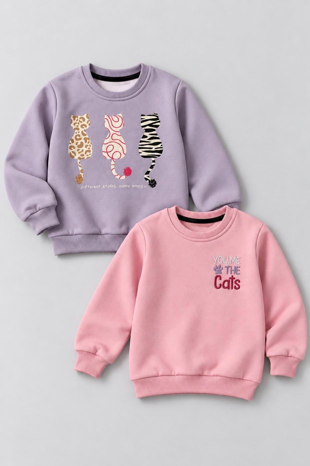 Girls' 2-Pack Winter Sweatshirt with Cat Print and Embroidery