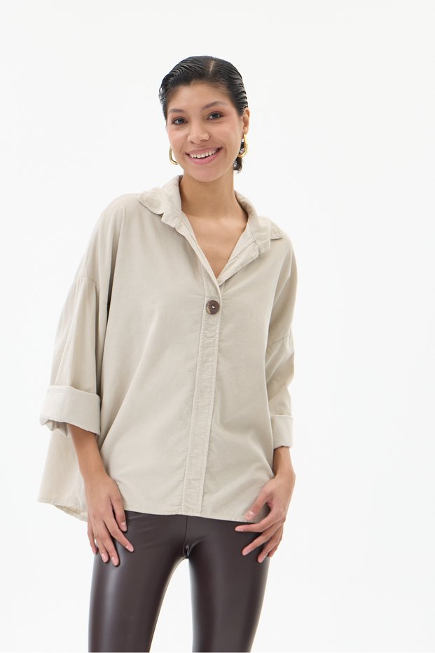 Beige Italian 100% Cotton Velvet Oversized Velvet Blouse with Button Accents, Sizes 40–44