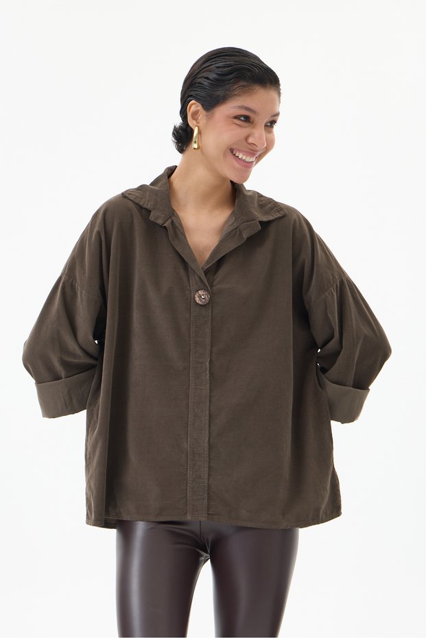 Brown Italian 100% Cotton Velvet Oversized Velvet Blouse with Button Accents, Sizes 40–44