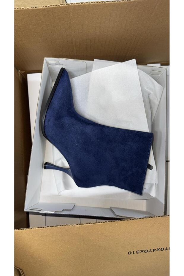 Women's Navy Suede Pointed Toe Zip-Up Boots with Stiletto Heels