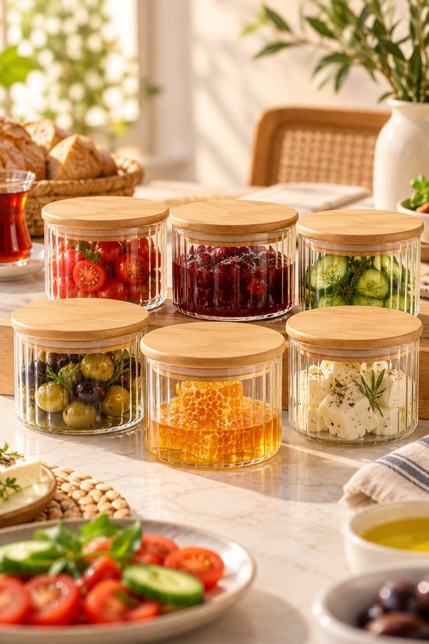 6-Piece Borosilicate Striped Glass Breakfast Set with Bamboo Lids and Silicone Seals—Airtight Glass Storage Containers, 9x6 cm—Olive, Cheese, Jam, Honey, and Sauce Jars—Breakfast Serving and Organization Jar Set