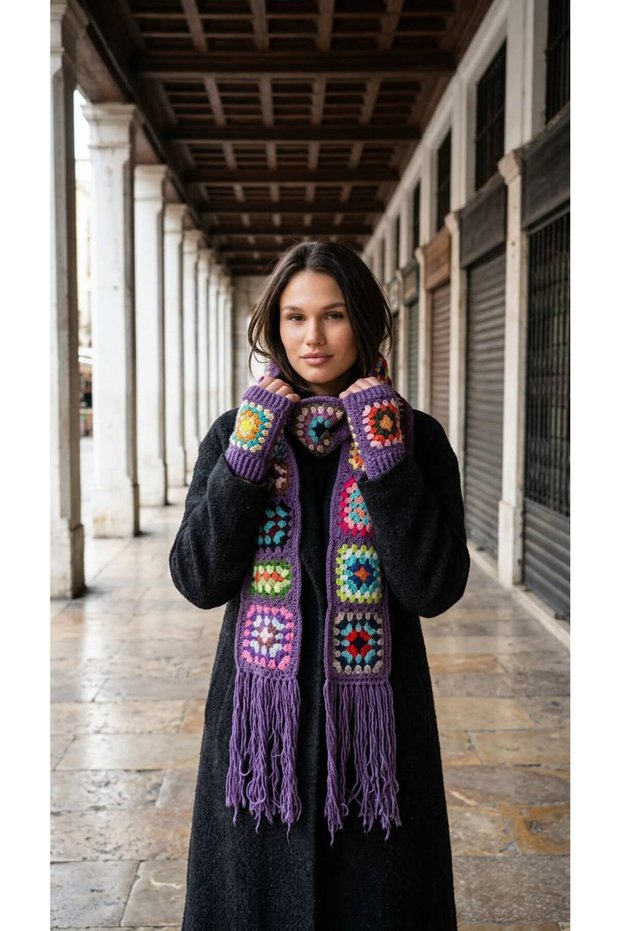 Hand-Knitted Patterned Women's Gloves and Scarf Set