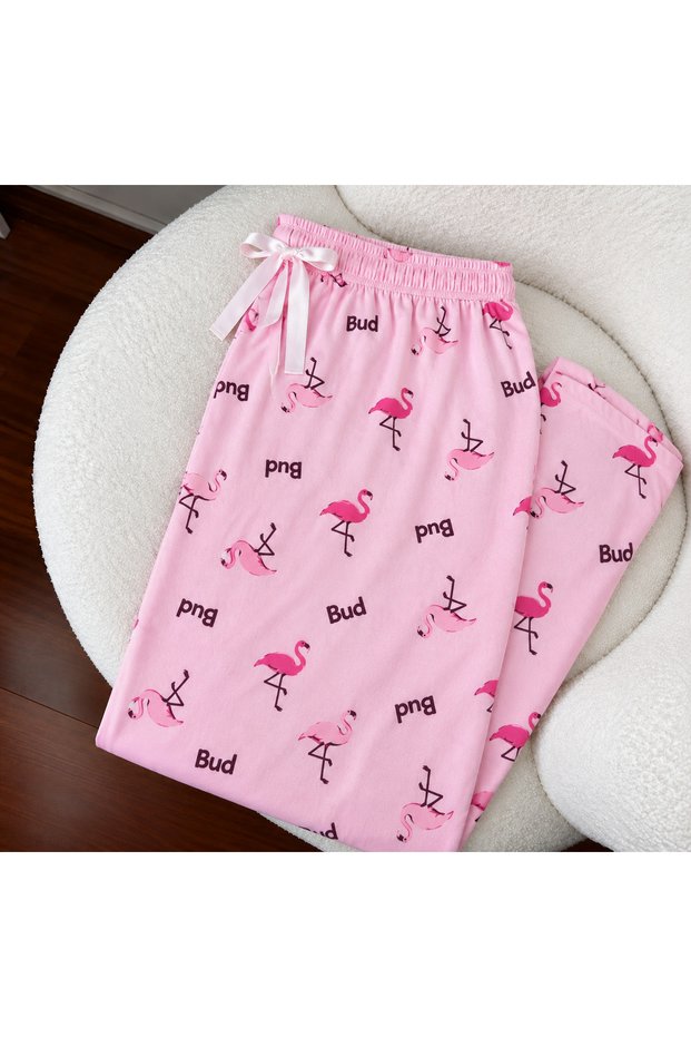 Women's Pink Cotton Pajama Bottoms with Flamingo Print