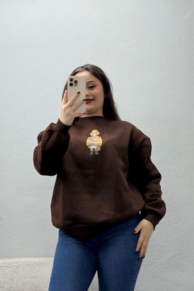 Women's 3 Thread Raised Printed Sweat Brown
