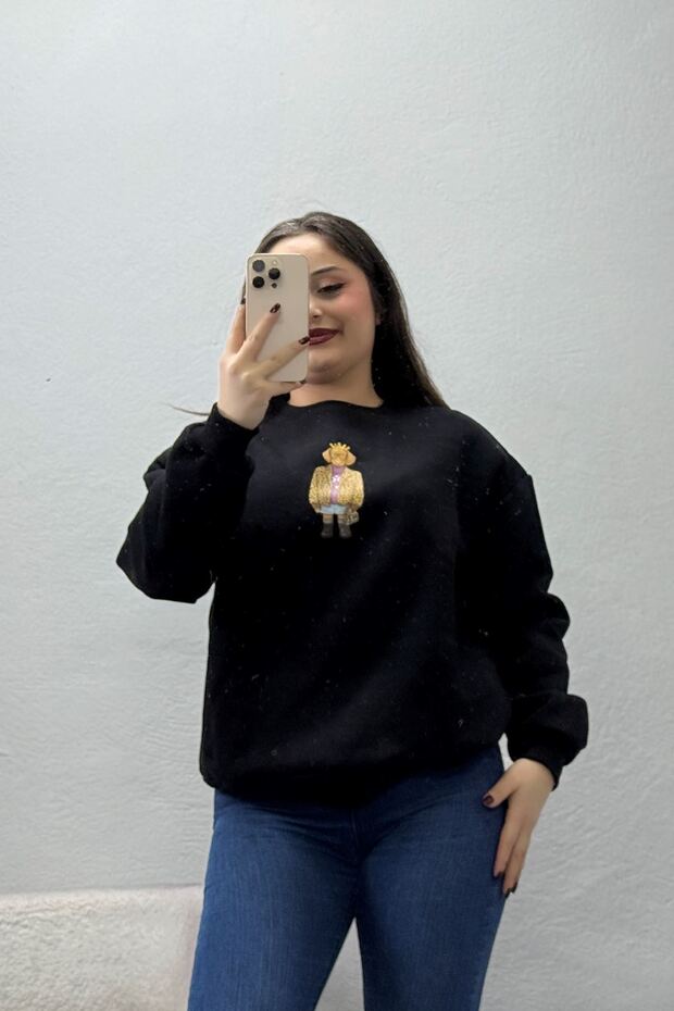 Women's 3-Thread Brushed Inside Printed Sweatshirt, Black