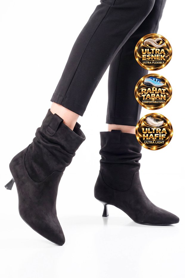Women's Black Suede Pointed-Toe Fur-Trimmed Heeled Boots with Ruched Ankle Detail 336630
