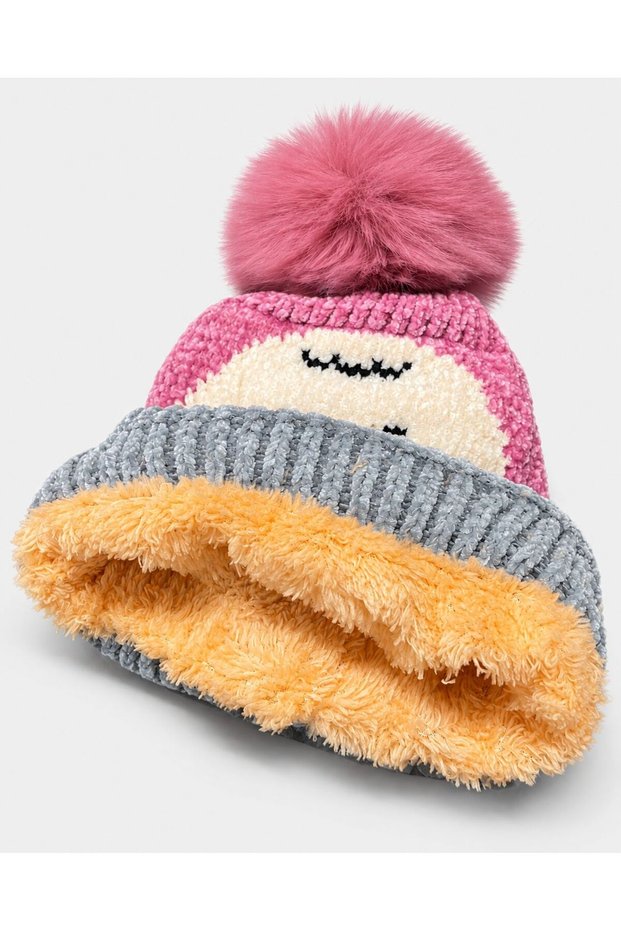 Cute Dog-Shaped Winter Beanie with Fur-Lined Design, Pom-Poms, and Ear Flaps for Girls/Boys (Ages 1–3)