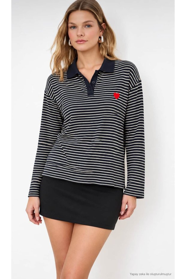 Heart-Printed Striped Polo Collar Sweatshirt