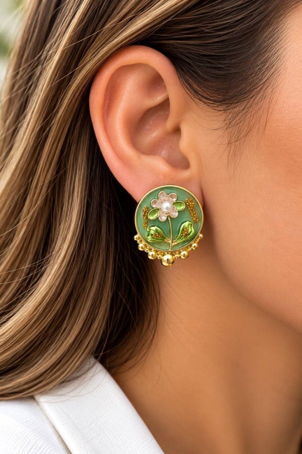 Vintage-Style Women's Earrings with Floral Details and Pearls
