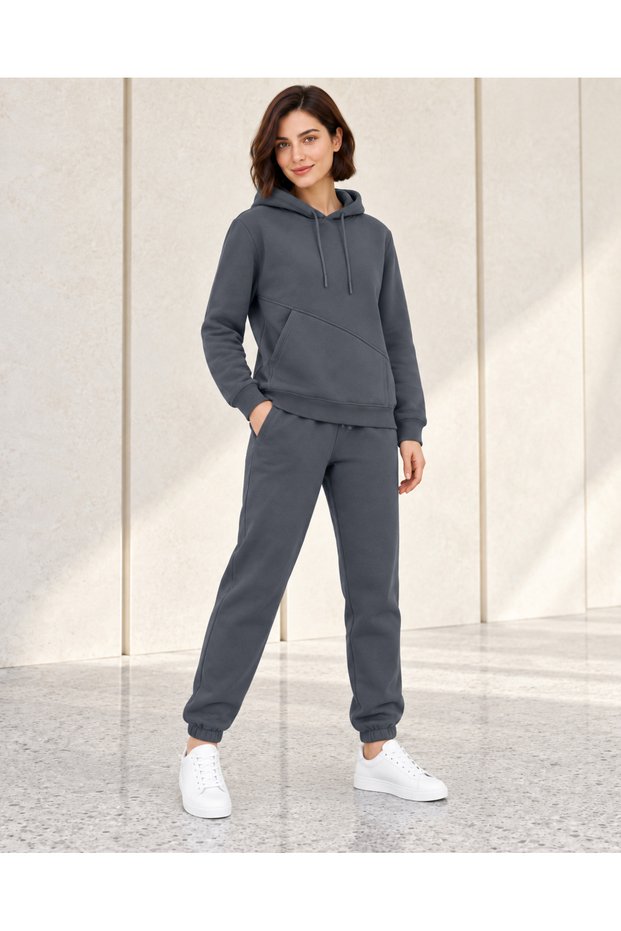 Women's Charcoal Grey 3-Thread Sweatsuit Set with Side Pockets, Super Soft, Fleece-Lined