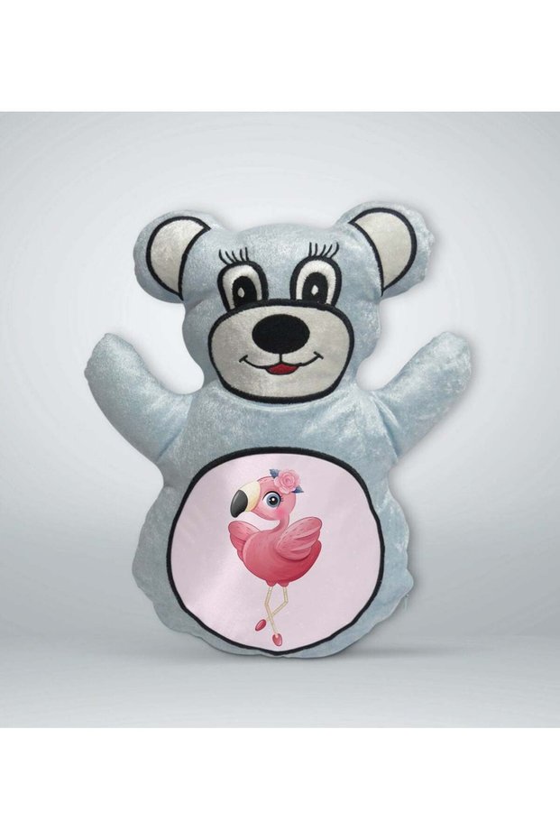 Blue Teddy Bear Pillow with Flamingo Design - 3
