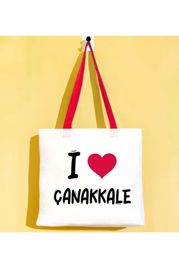 I Love Çanakkale Red Colored Handle Gabardine Cloth Bag 40X35Cm, Printed Shoulder Bag, Alışv