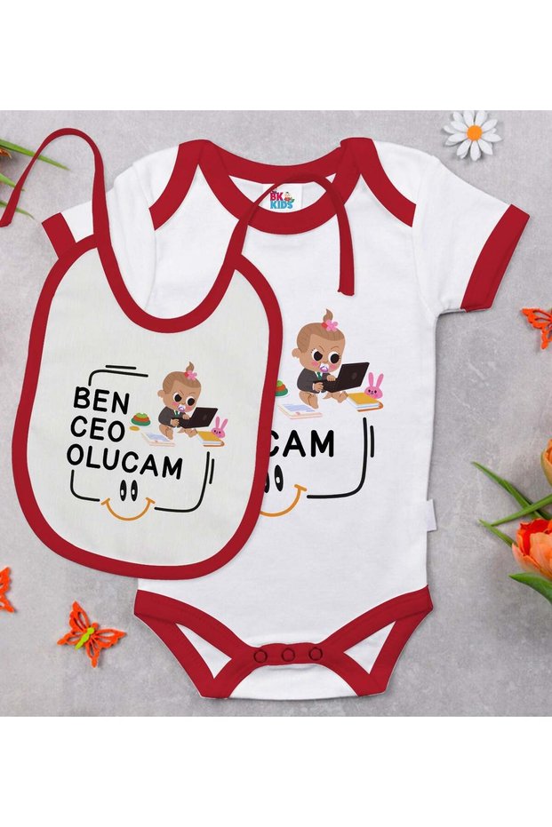 BK Kids "I'm Going to Be a CEO" Design Red Baby Bodysuit and Bib Gift Set-2, 9–12 Months