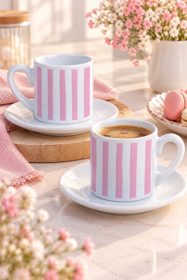 Set of 2 White Porcelain Turkish Coffee Cups with a Modern Minimal Striped Pattern (2-piece set)