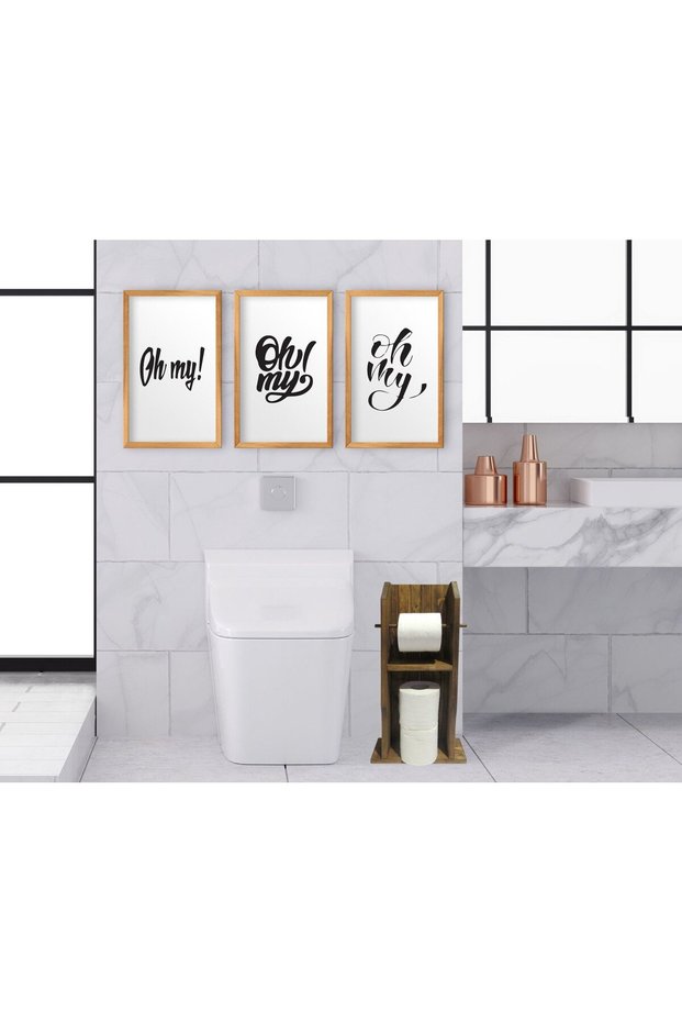BK Home Natural Solid Wood Toilet Paper Holder and Decorative Set of 3 Retro Wooden Frames-5
