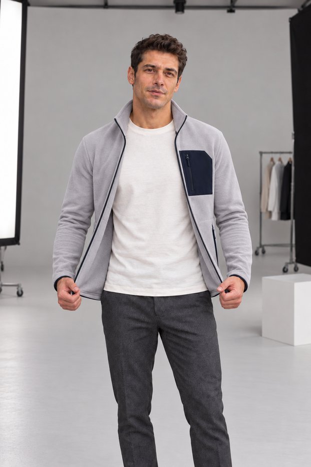 Men's Gray Fleece-Lined Jacket with 3 Pockets and Full-Length Zipper