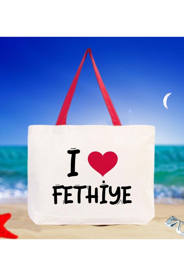I Love Fethiye Red Canvas Beach Bag with Handles, 48x40m, Printed Shoulder Bag, Shopping