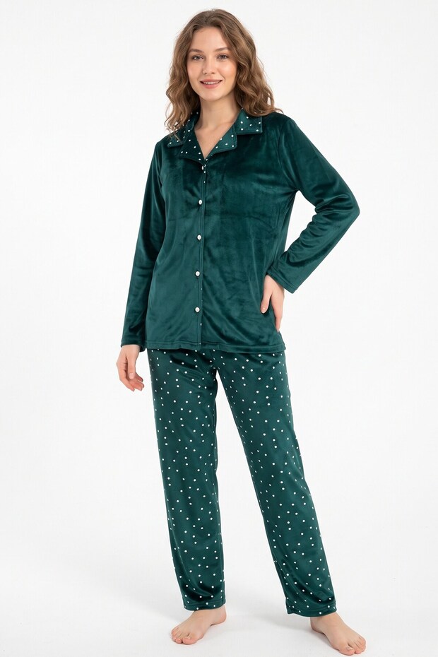 Women's Emerald Green Shirt Collar, Button-Front Velvet Pajama Set