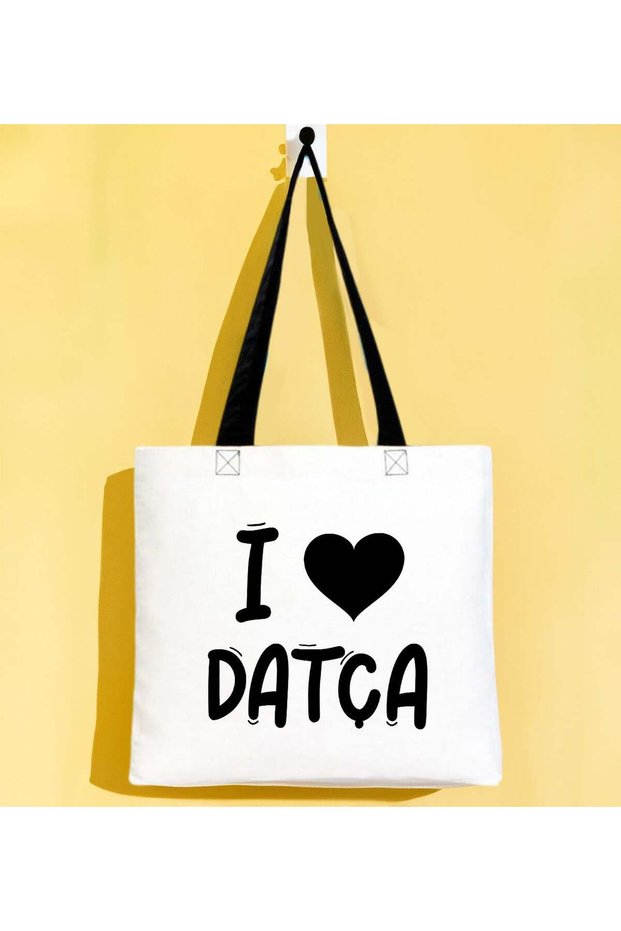 I Love Datça Black Gabardine Fabric Bag with Handles, 40x35 cm, Printed Shoulder Bag, Shopping Bag