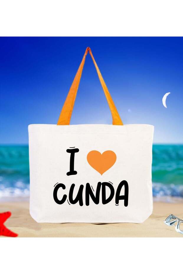 I Love Cunda Orange Colored Handle Canvas Beach Bag 48X40M, Printed Shoulder Bag, Shopping