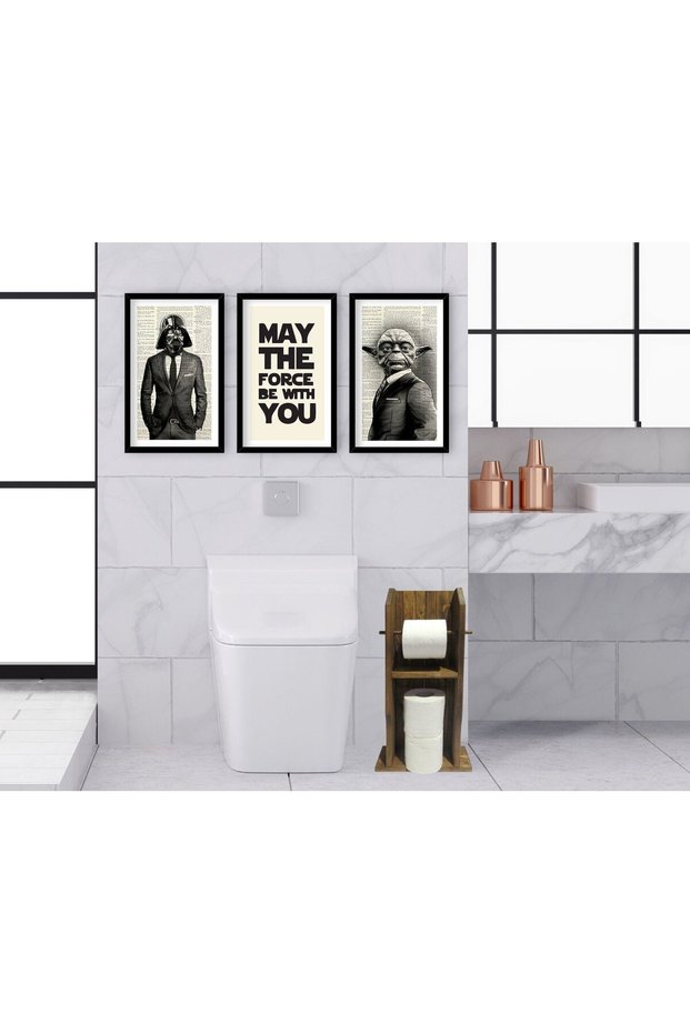 BK Home Natural Solid Wood Toilet Paper Holder and Decorative 3-Piece Wooden Black-Framed Picture Set-8