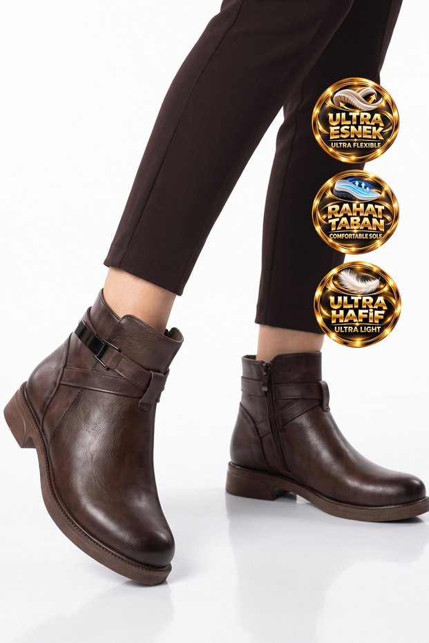 Coffee-Colored Leather Zipper-Closure Wrist-Strap Stylish and Comfortable Women's Zip-Up Boots 354250