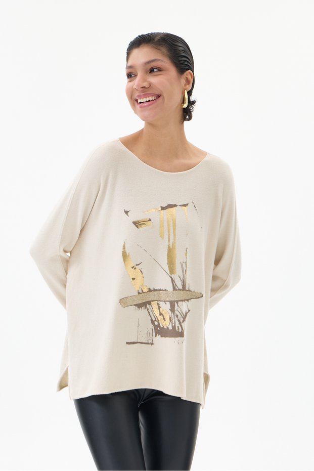 Women's Beige Italian-Style Gilded Soft-Textured Oversized Knit Sweater, Sizes 40–46