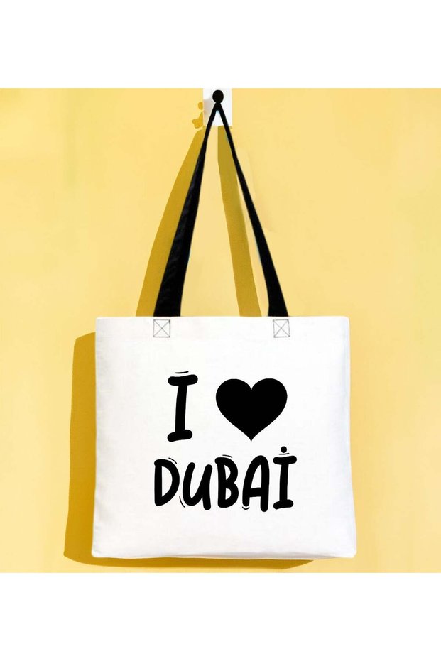 I Love Dubai Black Gabardine Fabric Bag with Handles, 40x35 cm, Printed Shoulder Bag, Shopping Bag