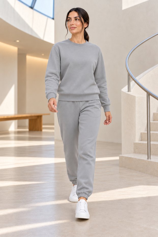 Women's Gray 3-Ply Sweatsuit Set with Crew Neck and Fleece-Lined Design
