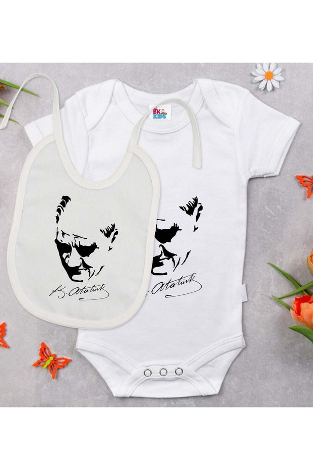BK Kids Atatürk-Themed White Baby Bodysuit and Bib Gift Set-25, 9–12 Months
