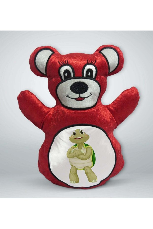 Red Teddy Bear Pillow with Cute Turtle Design - 2