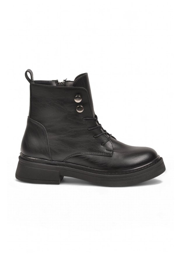 Black Leather-Lace, Zipper-Closure, Rubber Sole, Stylish Women's Lace-Up Boots 354246