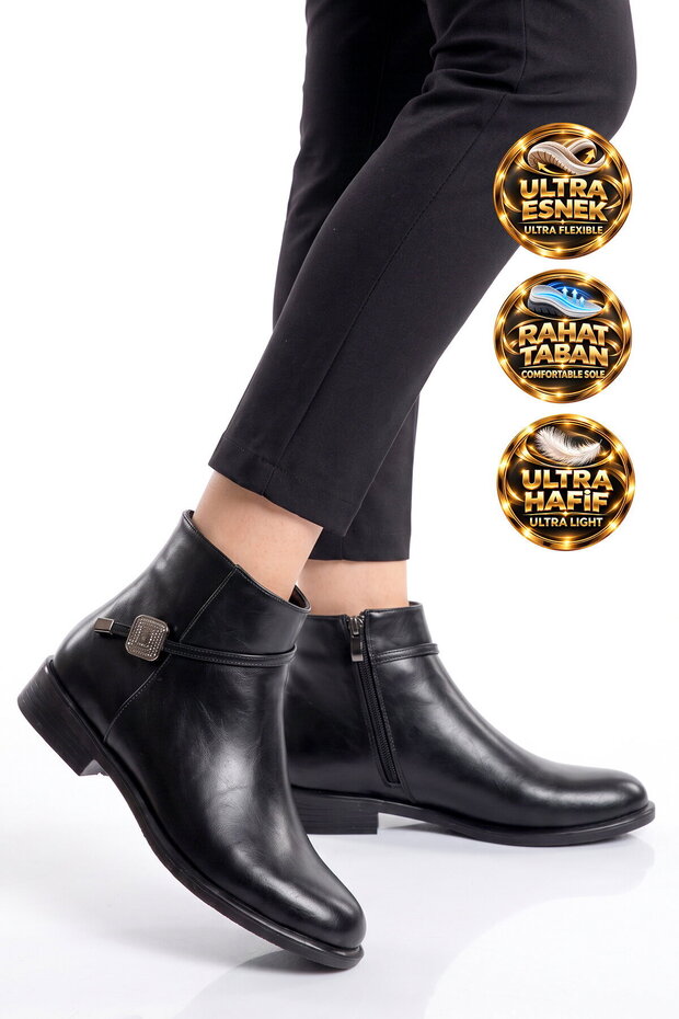 Black Leather Zip-Up Boots with Stone Embellishments—Stylish Women's Office, Formal, and Casual Boots 451199