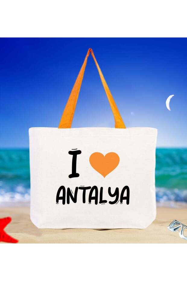 I Love Antalya Orange Canvas Beach Bag with Handles, 48x40m, Printed Shoulder Bag, Shopping