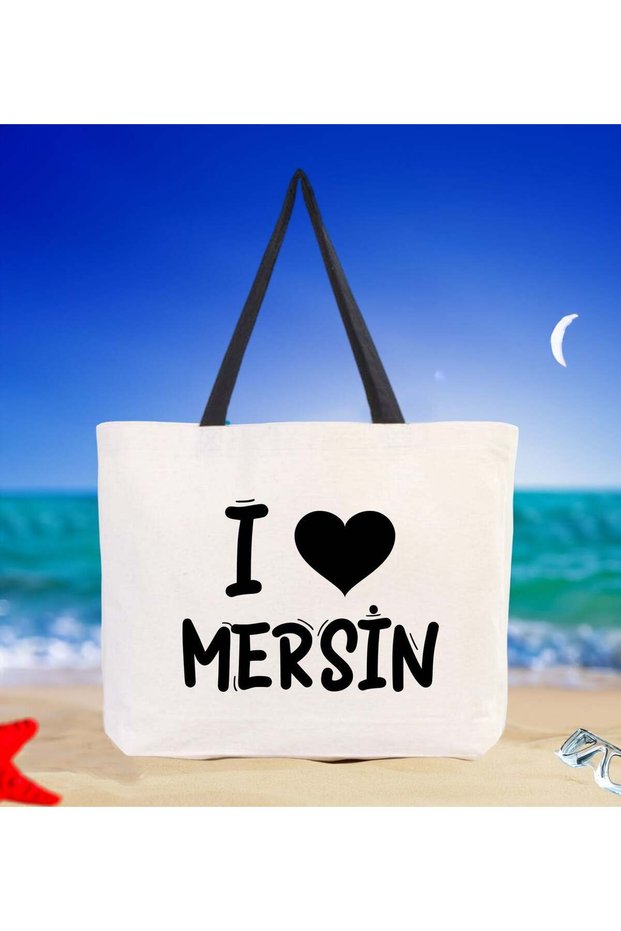 I Love Mersin Black Canvas Beach Bag with Handles, 48x40m, Printed Shoulder Bag, Shopping