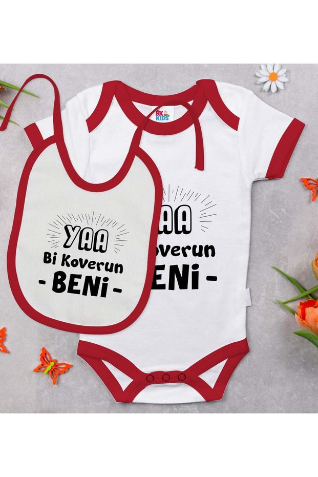 BK Kids "Cover Me" Design Red Baby Bodysuit and Bib Gift Set-1