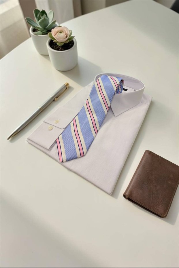 8 cm 100% Silk Striped Blue-Pink Tie