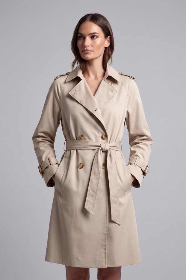 Women's Beige Double-Breasted Wrap Neckline Trench Coat with Belt and Pockets