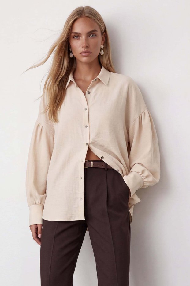 Women's Vanilla Balloon-Sleeve Oversized Linen Shirt with Wide Cuffs Alc-X16046