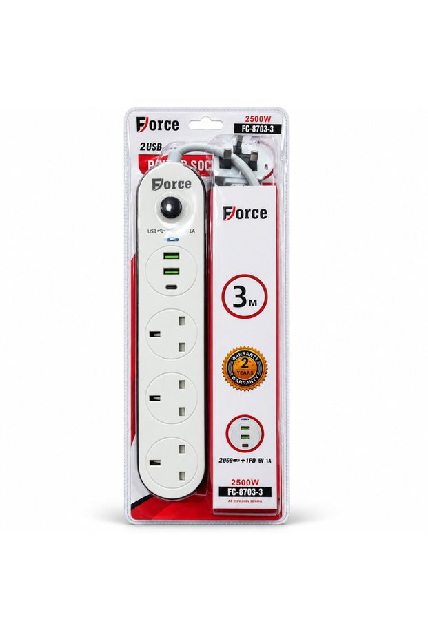 FC-8703-3 شريط طاقة بثلاثة مقابس، 2 منفذ USB-A وUSB-C، 3 متر، 2500 واط