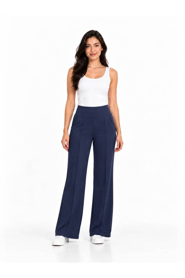 Navy Blue Women's Palazzo Pants with High Piped Cuffs and Pockets