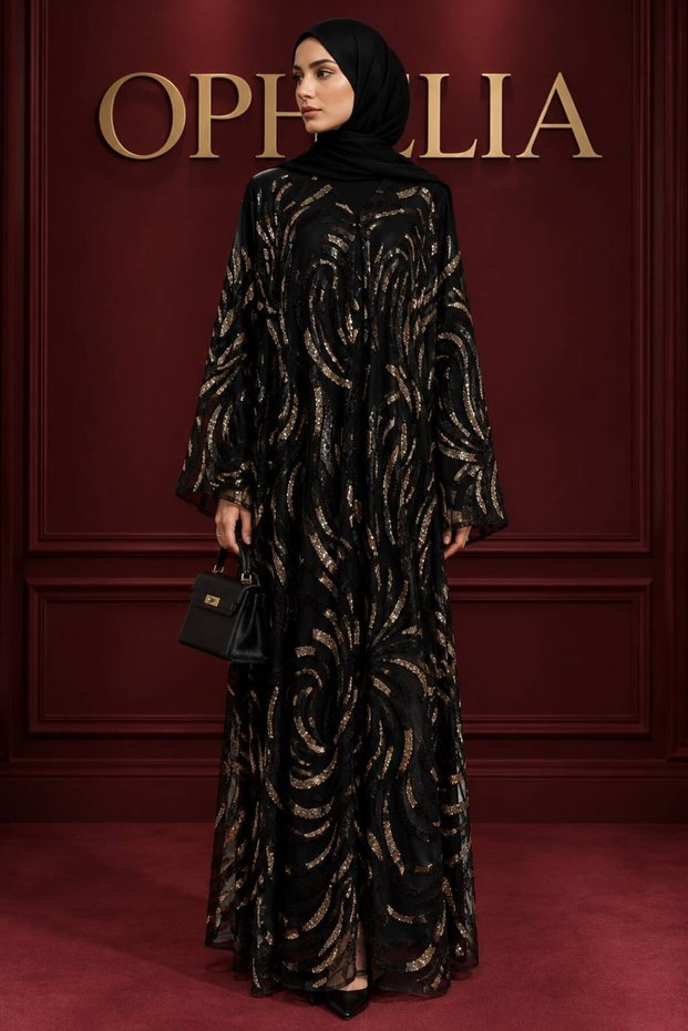 Aurelia Gold Women's Luxury Black & Gold Sequin Embellished Abaya