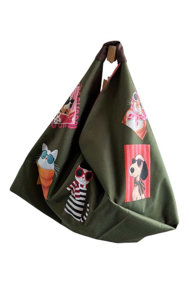 Designed by Nezahat Sevgililer: Mother's Day Waterproof "Kedişler Köpişler" Patterned Green Origami-Style Shoulder Bag