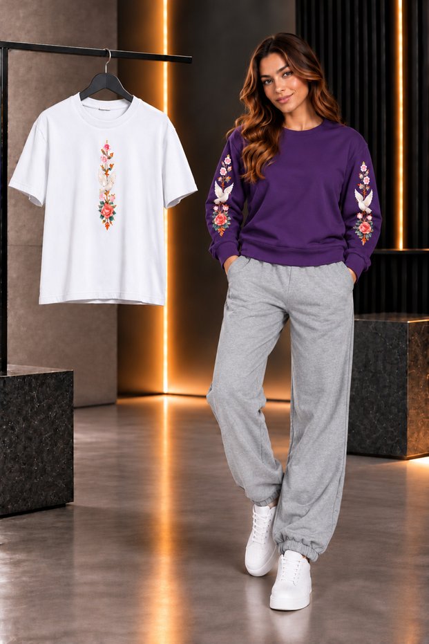 T-SHIRT, boat neck, 3-PIECE TRACKSUIT SET WITH BRUSHED INSIDE, SEASONAL SET WITH SWAN PRINT, WOMEN'S/GIRLS' STYLE