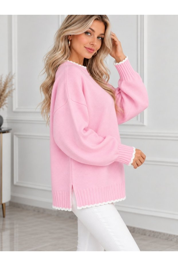 Pink Oversized Women's Knit Sweater with Cloud Pattern and Crew Neck
