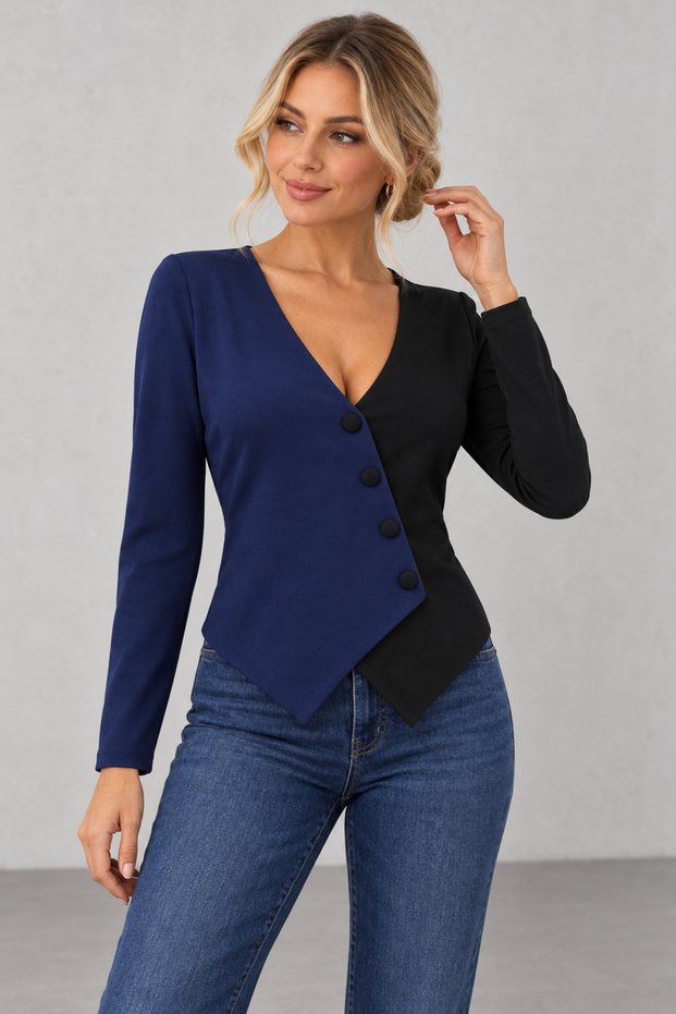 Women's Two-Tone V-Neck Modal Blouse with Collar Detail, Asymmetrical Cut, Long Sleeves, Fall/Winter