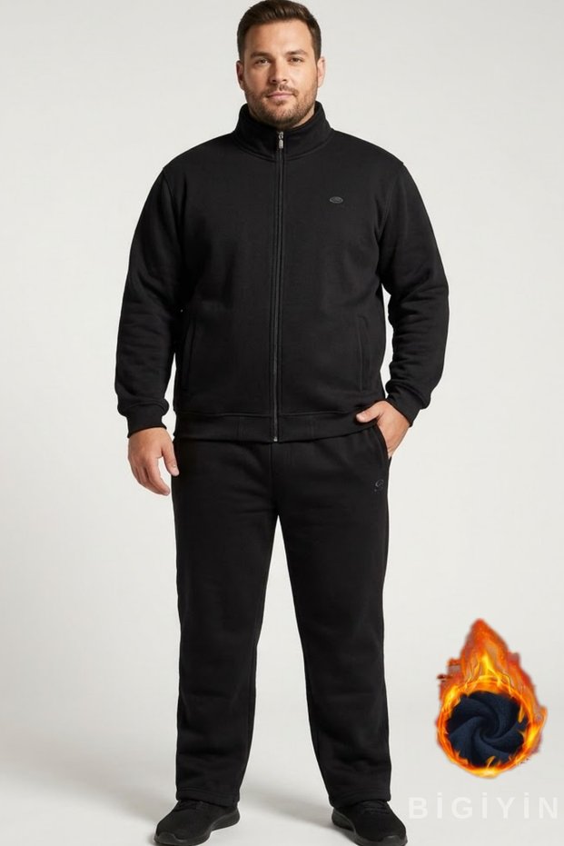 Men's Plus Size Winter Sweatsuit Set with Zippered Pockets, Relaxed Fit, Thick 3-Ply Fleece Lining, Plus Size Sweatsuit Set