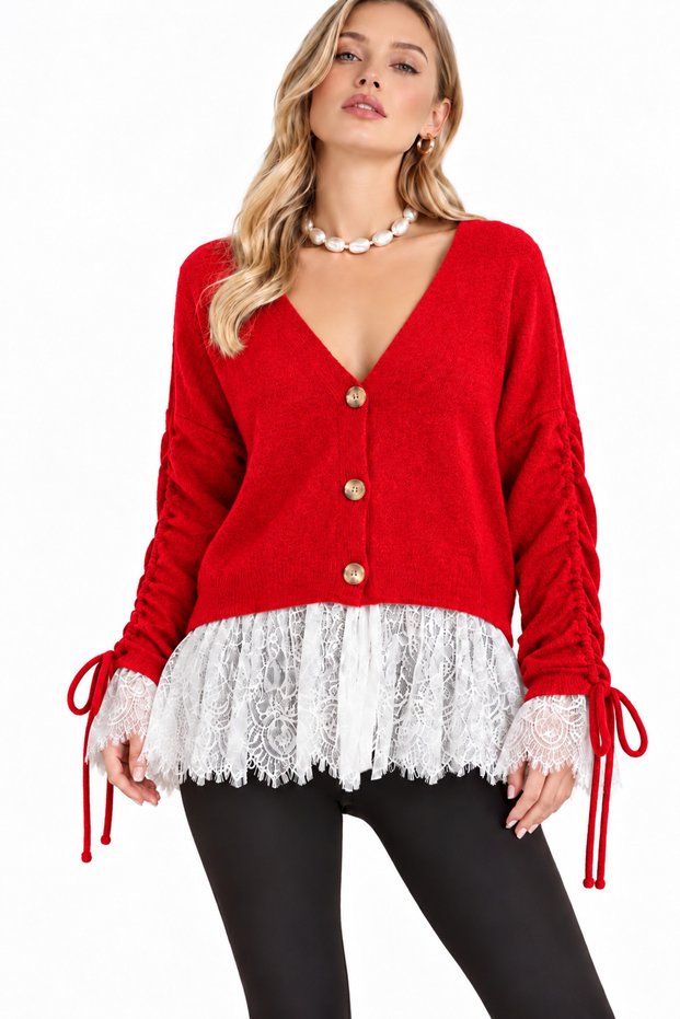 WOMEN'S SOFT-STOCCING YARN KNITTED CARDIGAN WITH LACE DETAILS AND A V-NECK WITH A COLLAR DETAIL